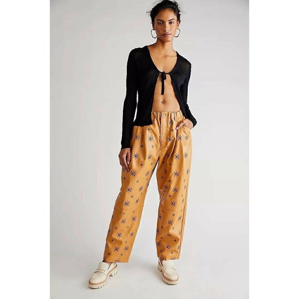 NEW FREE PEOPLE Sz S M CAMILLE EMBELLISHED VEGAN PANTS EMBROIDERED VEGAN LEATHER